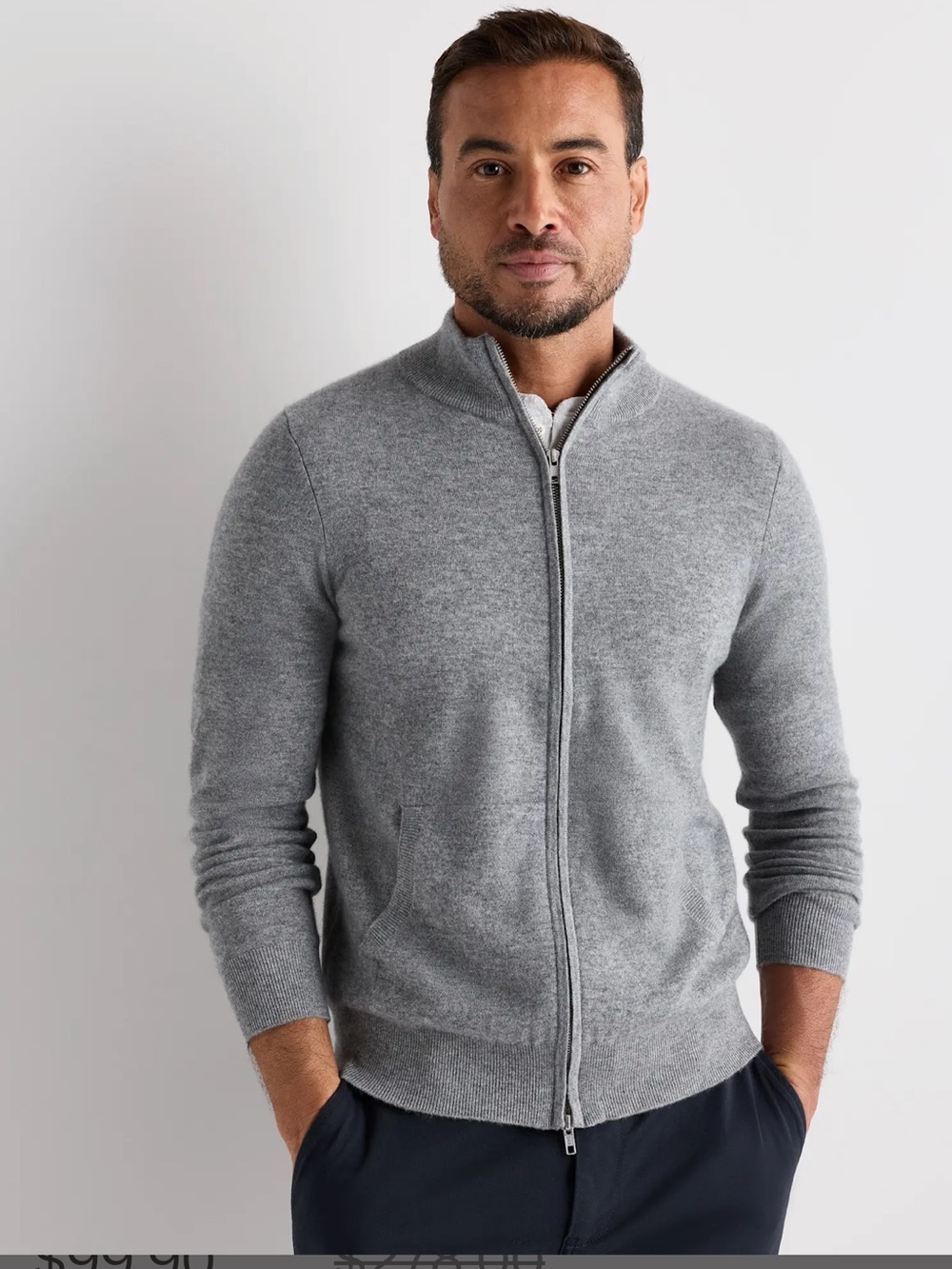 QUINCE Men’s Mongolian Cashmere Full Zip Sweater - Heather Gray - L
